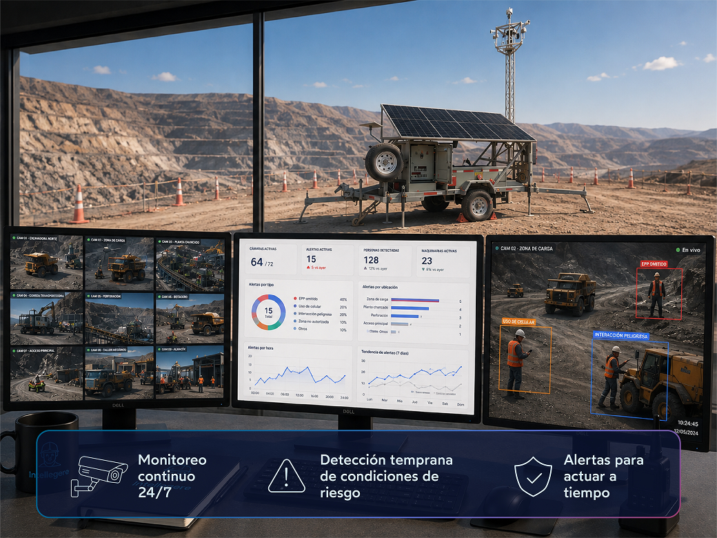Centro de monitoreo de IA Guardián con detección de riesgos en una faena minera