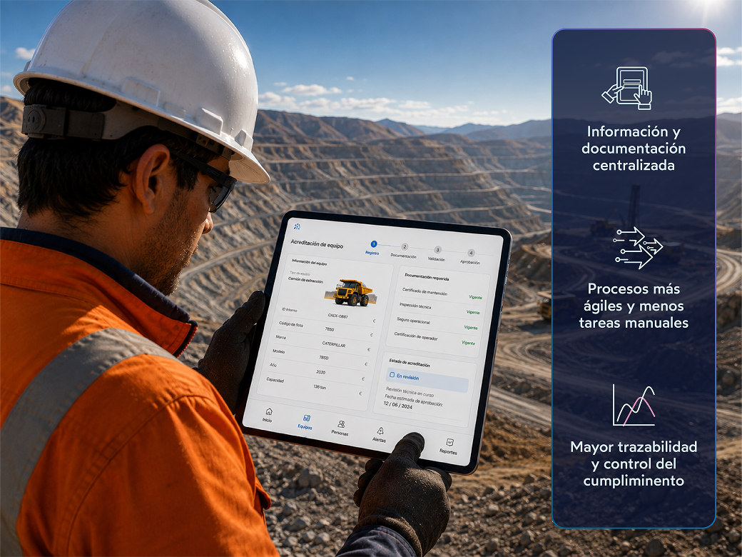 Trabajador minero utilizando la plataforma de acreditación en una tablet